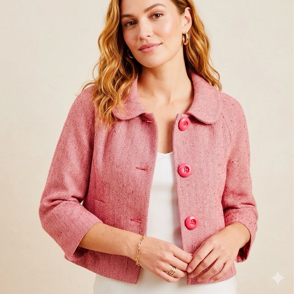 NWT Vintage 90s Fang Pink Herringbone Cropped Blazer Jacket 3/4 Sleeve L